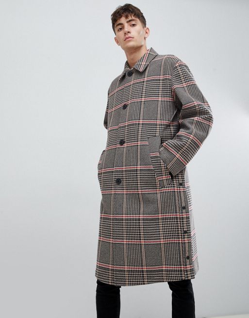 BOSS Urada oversized check overcoat with side popper detail in multi | ASOS