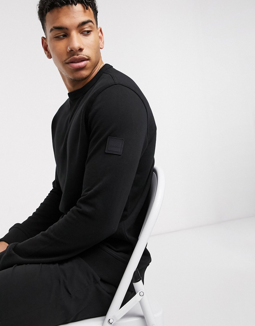 BOSS - Walkup 1 - Sweater met ronde hals en logo op de arm in zwart