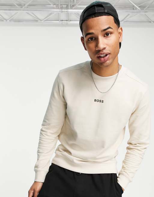 BOSS Weevo crew neck sweat with central logo in stone ASOS