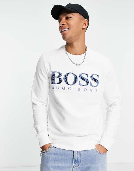 BOSS Welogo crew neck sweatshirt with logo in white ASOS