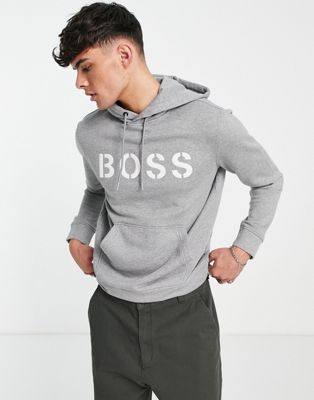 BOSS Wetry large logo overhead hoodie in grey - ASOS Price Checker