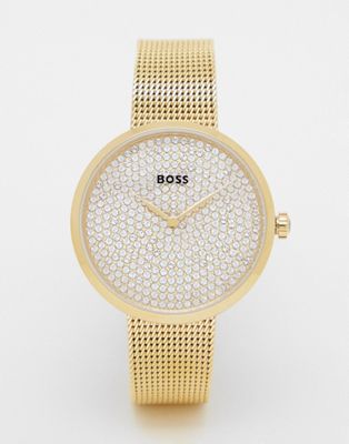 Boss womens mesh bracelet watch with crystal dial in gold