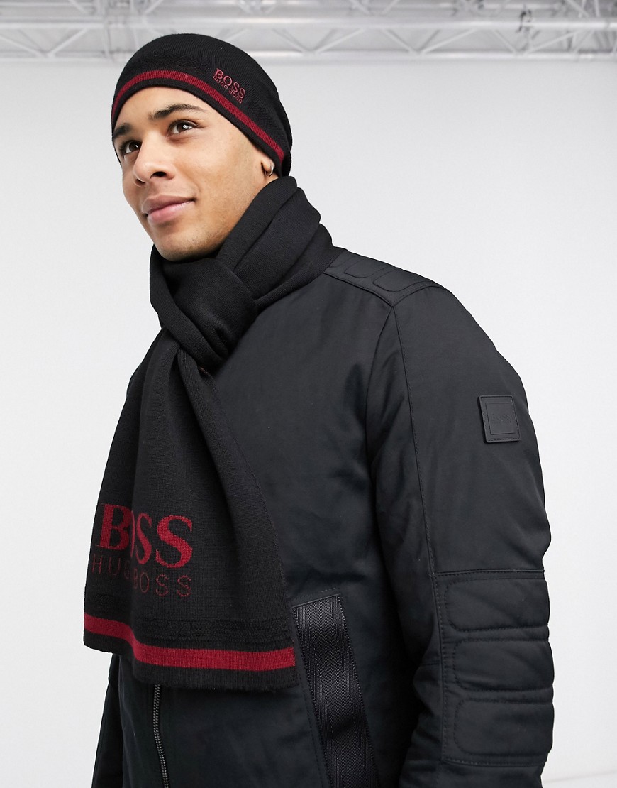 BOSS wool blend red stripe logo beanie and scarf gift set in black