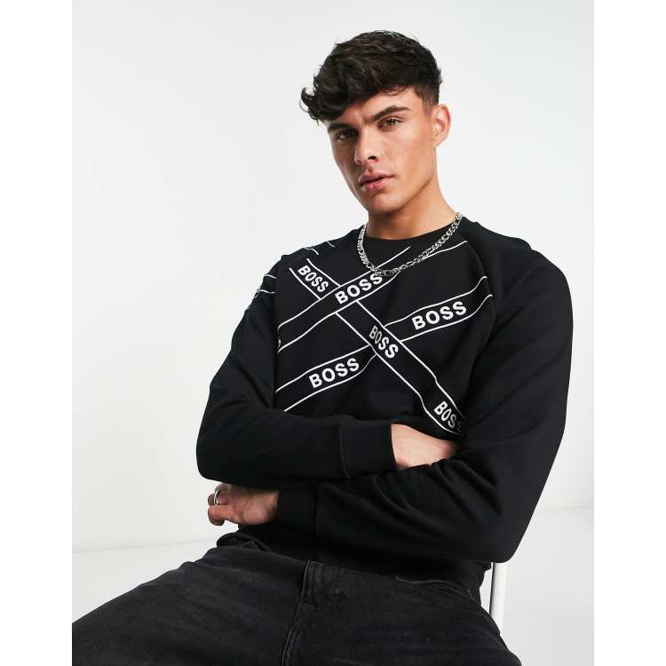 BOSS Wrapped tape logo crew neck sweat in black | ASOS