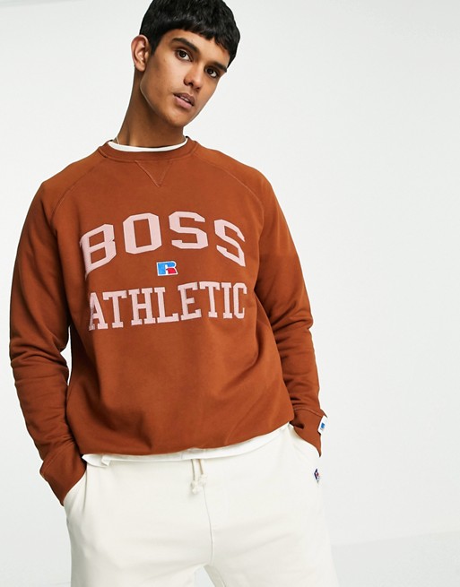 Boss x Russell Athletic Stedman varsity logo sweatshirt in brown