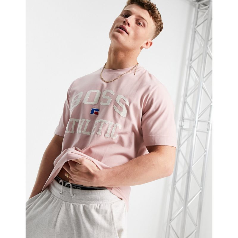  Designer BOSS x Russell Athletic - T-Shirt con logo stile college rosa