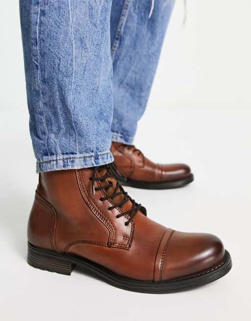 Botas altas marrones de cuero con forro de borreguito de Jack & Jones