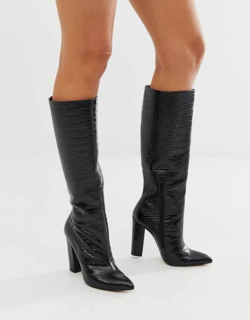 Botas por la rodilla tacón cuadrado con estampado de cocodrilo en negro ALDO | ASOS