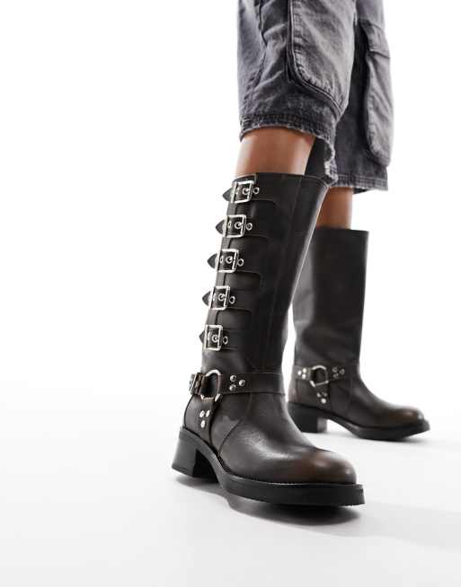 Botas biker marrones de cuero con hebillas Battle de Steve Madden | ASOS, image size:640x816
