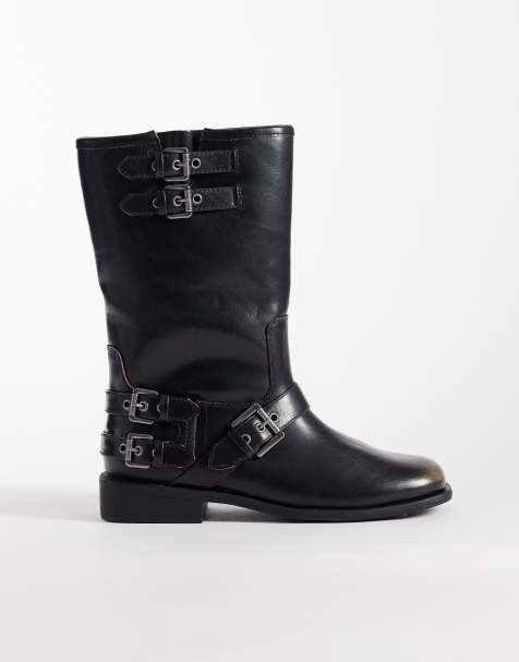 Botas biker negro pulido planas Asher de ASOS DESIGN - view 1