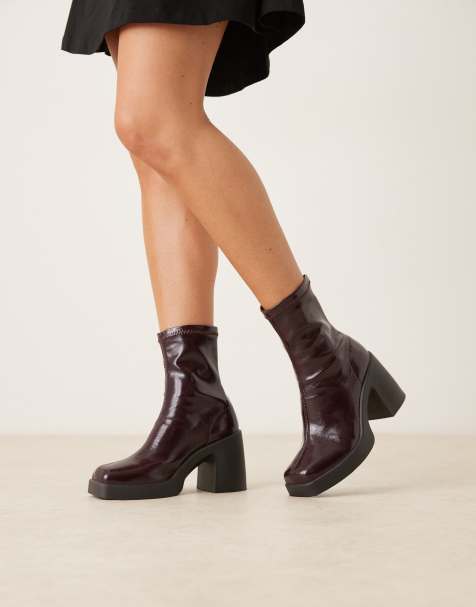 Botas burdeos estilo calcetín de tacón con suela gruesa y puntera cuadrada de charol Edison de ASOS DESIGN - view 1