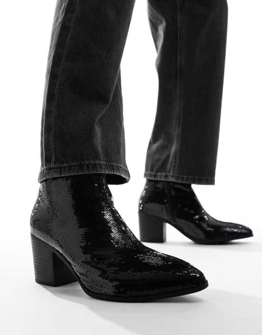 Botas Chelsea negras con tacón cubano de lentejuelas de ASOS DESIGN