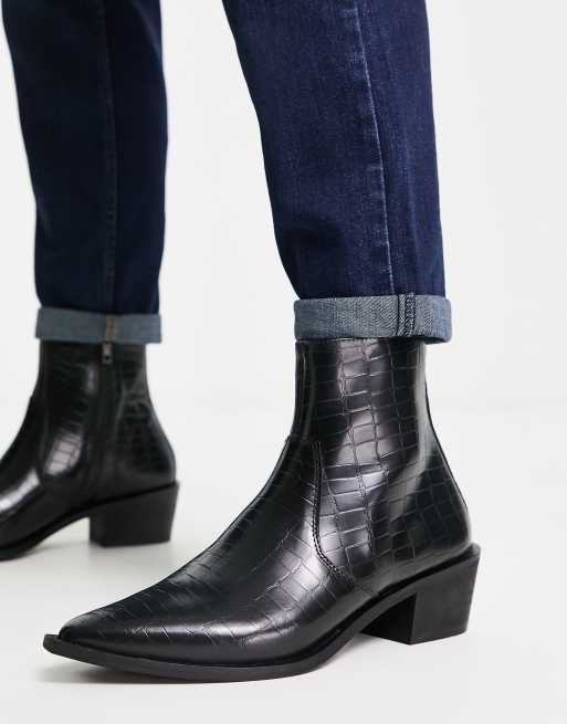 Botas Chelsea negras efecto piel de cocodrilo de estilo wéstern con tacón de Red Tape