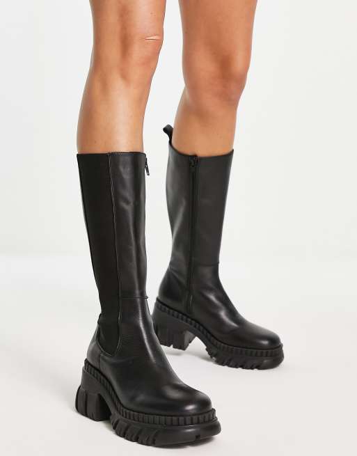 Botas Chelsea negras por la rodilla con suela gruesa de cuero premium Capricorn de ASOS DESIGN