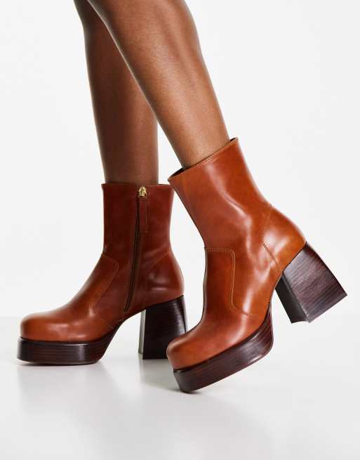Botas color tostado con tacón y plataforma de cuero premium Rowan de ASOS DESIGN