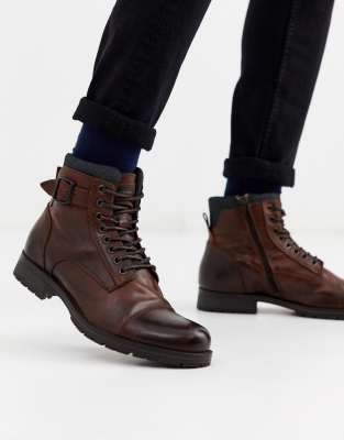  Jack y Jones Botas de cuero para hombre con detalles de  cordones con cierre de cremallera Cognac 10 US : Ropa, Zapatos y Joyería