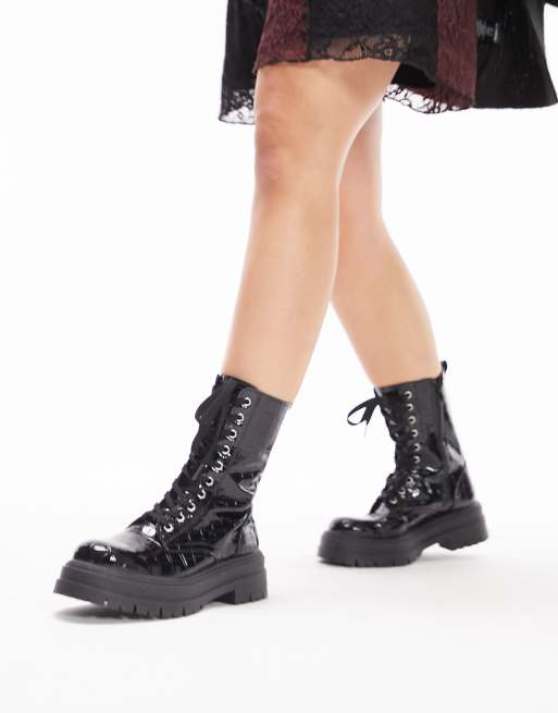 Botas negras con cordones de charol Karter de Topshop Wide |