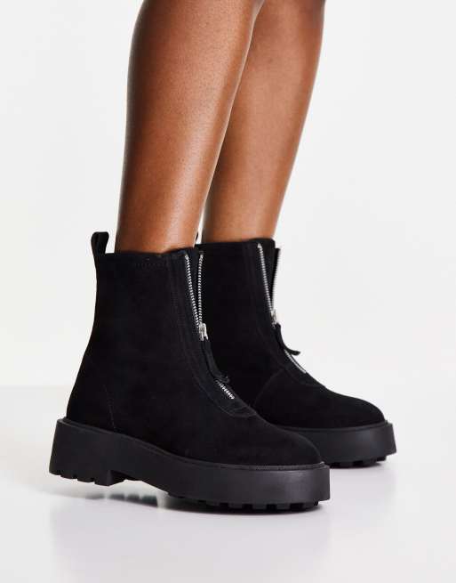 Botas negras con cremallera delantera de cuero aterciopelado Ava de ASOS DESIGN