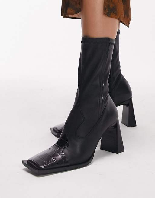 Botas negras de tacón estilo wéstern de cuero premium Hudson de Topshop
