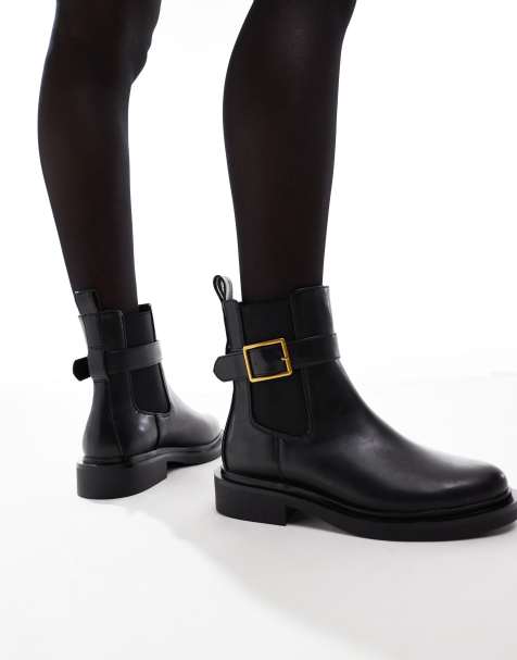 Botas negras planas con correa con hebilla Aurora de ASOS DESIGN Wide Fit - view 1