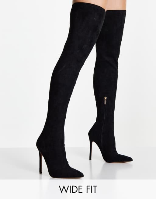 Botas negras por encima de la rodilla con tacón Koko de microfibra de ASOS DESIGN Wide Fit