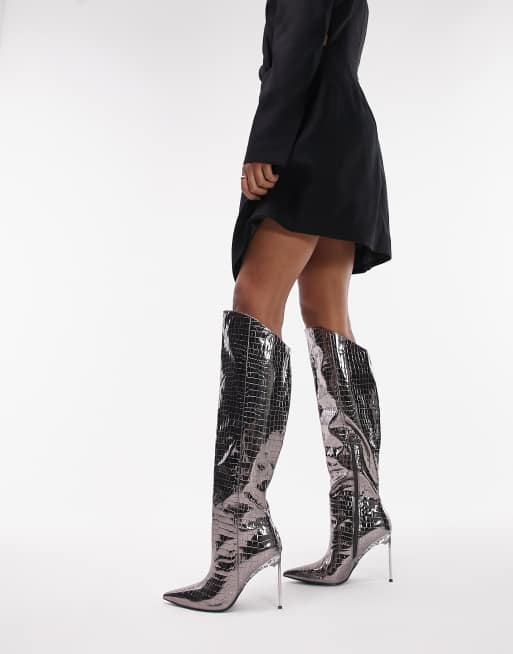 Botas por el muslo color peltre de tacón de metal Milo de Topshop 