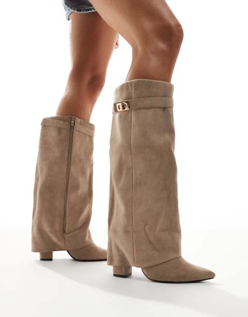 Botas por encima de la rodilla color topo con caña plegada Ranger de SEQWL Wide Fit