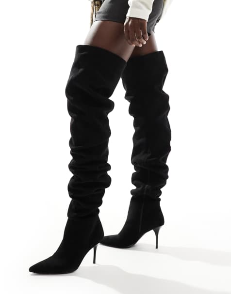 Botas por encima de la rodilla negras fruncidas de tacón Knock de ASOS DESIGN - view 1