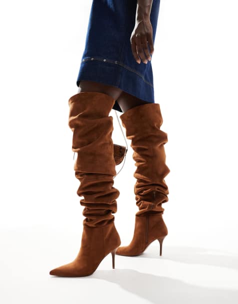 Botas por encima de la rodilla tostadas de tacón con caña fruncida Knock de ASOS DESIGN - view 1