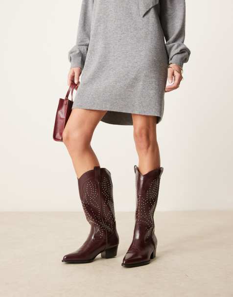 Botas por la rodilla burdeos de estilo wéstern con tachuelas de Glamorous Wide Fit - view 1