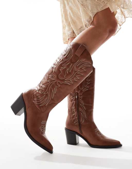 Botas por la rodilla color tostado de estilo wéstern con tacón de Glamorous