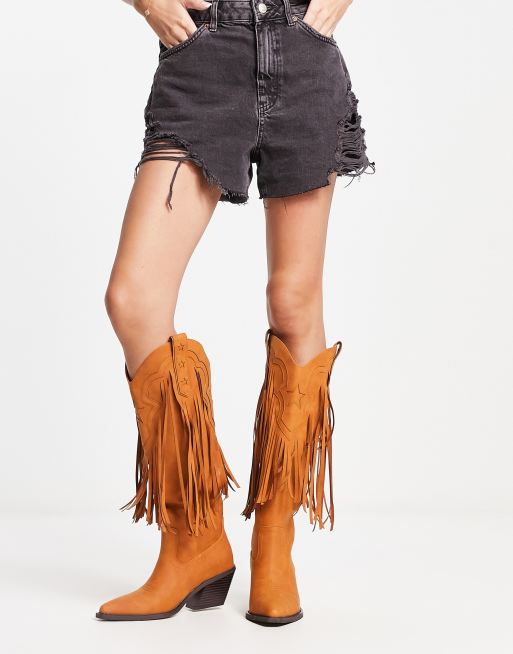 Botas por la rodilla color tostado estilo wéstern con flecos Comet de ASOS DESIGN