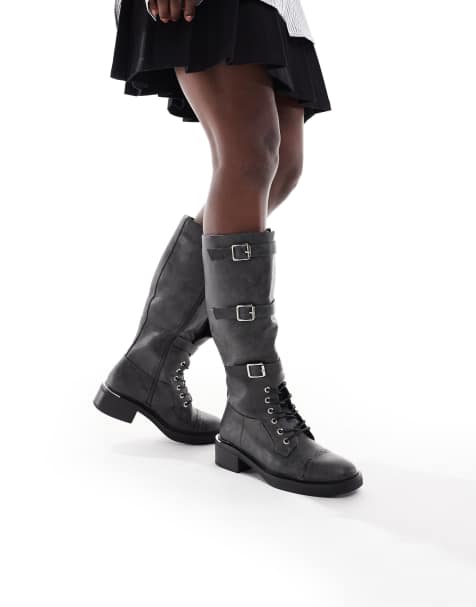 Botas por la rodilla gris carbón con cordones y detalle de hebilla Twix de SEQWL - view 1