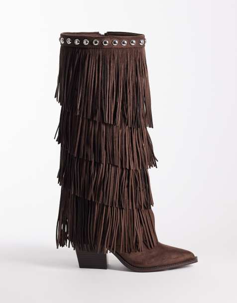 Botas por la rodilla marrón chocolate con flecos Christine de ASOS DESIGN - view 1