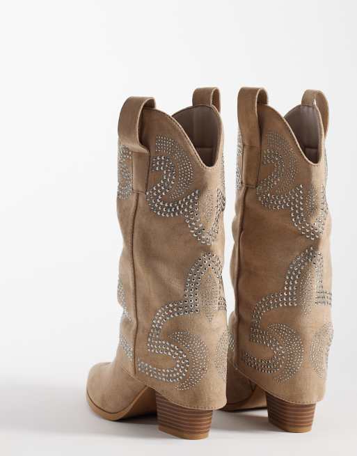 Botas por la rodilla marrón topo de estilo wéstern con abalorios y acabado microtexturizado de SEQWL, 3 de 4