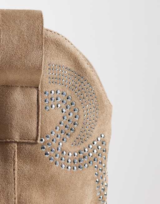 Botas por la rodilla marrón topo de estilo wéstern con abalorios y acabado microtexturizado de SEQWL, 4 de 4