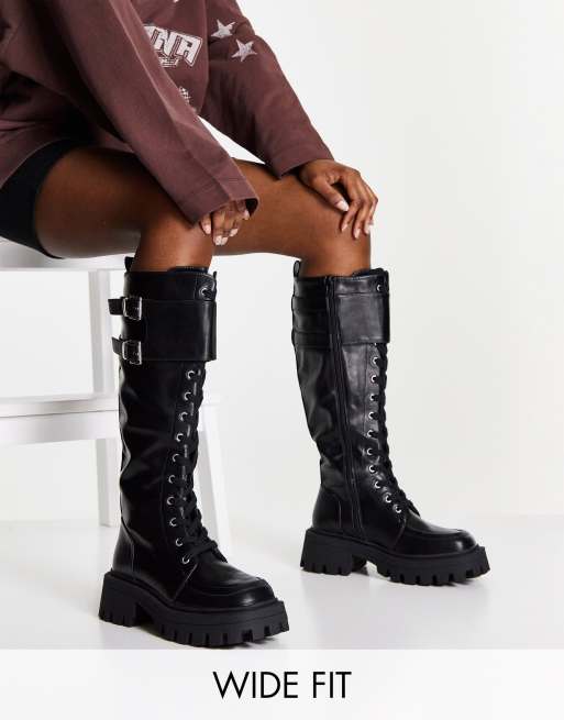 Botas por la rodilla negras con cordones y suela gruesa Cranberry de ASOS DESIGN Wide Fit