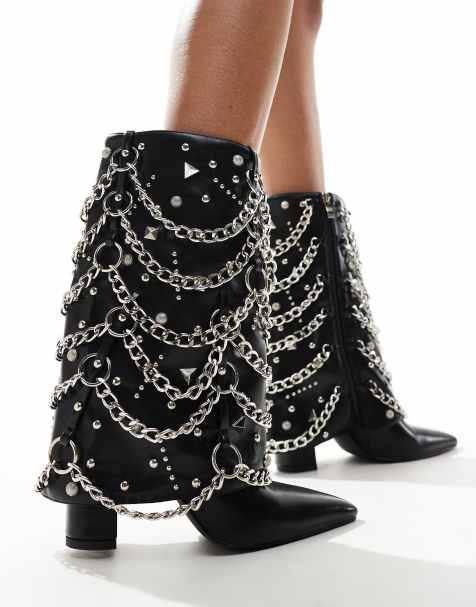 Botas por la rodilla negras con diseño plegado de cadenas y tachuelas Aleena de Azalea Wang - view 1