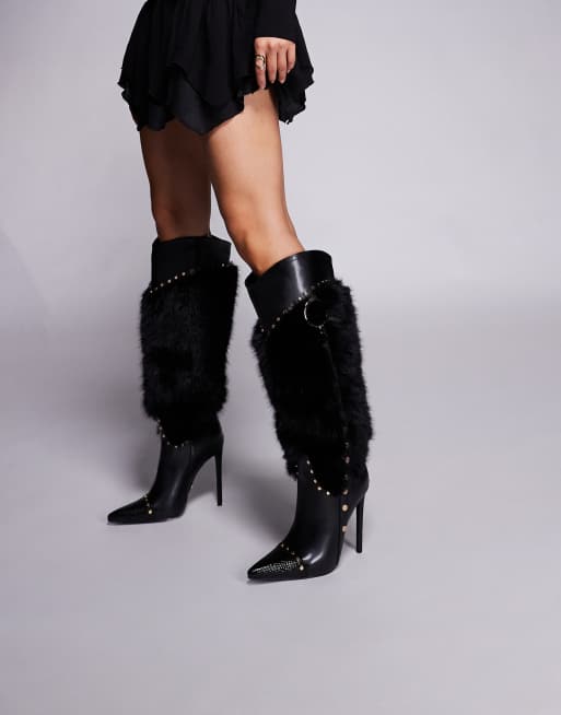 Botas por la rodilla negras con tacones de aguja de piel sintética Alistair de Azalea Wang