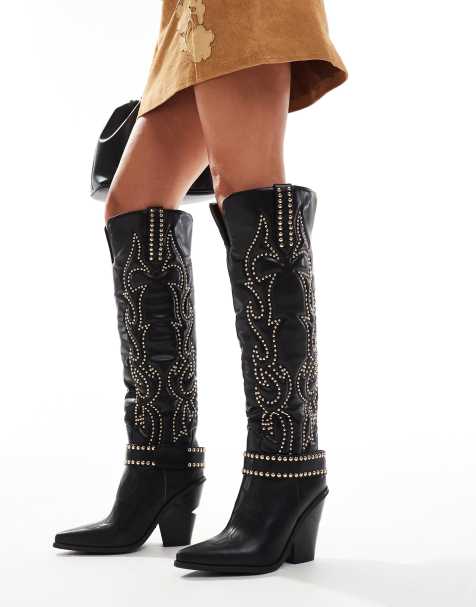 Botas por la rodilla negras de estilo wéstern con tachuelas Maitia de Azalea Wang - view 1