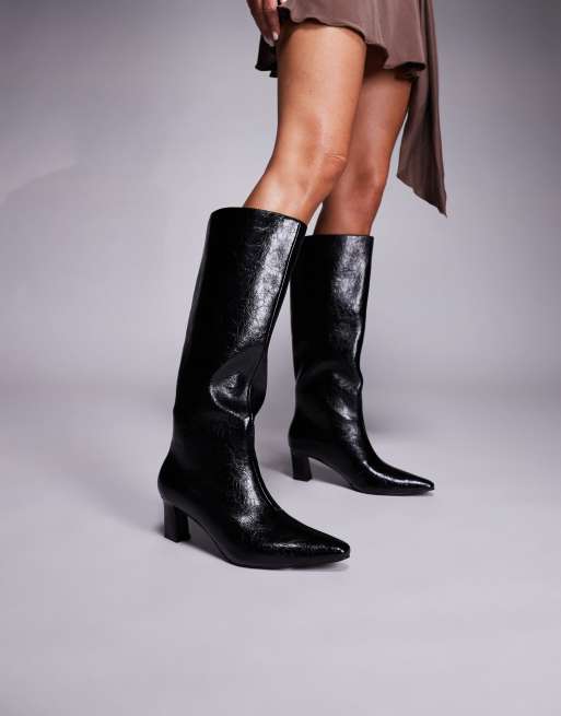 Botas por la rodilla negras de tacón con acabado rugoso Boomer de Public Desire Wide Fit