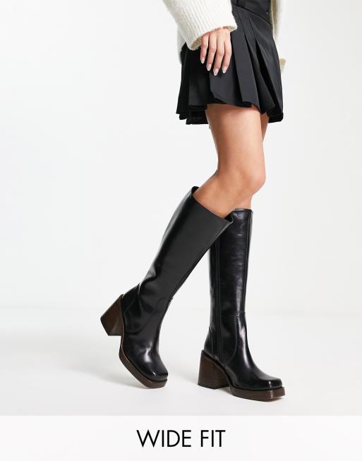 Botas por la rodilla negras de tacón medio de cuero Cracking de ASOS DESIGN Wide Fit