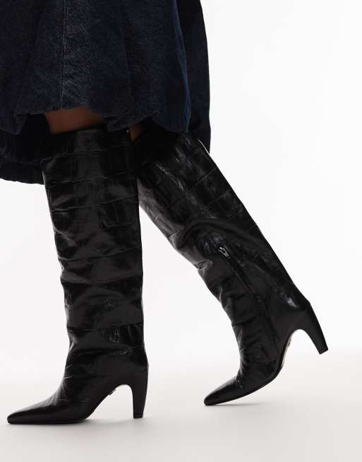 Botas por la rodilla negras efecto piel de cocodrilo de cuero de Bronx, 4 de 4