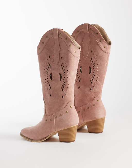 Botas por la rodilla rosa pastel de estilo wéstern con acabado microtexturizado de Glamorous, 2 de 4