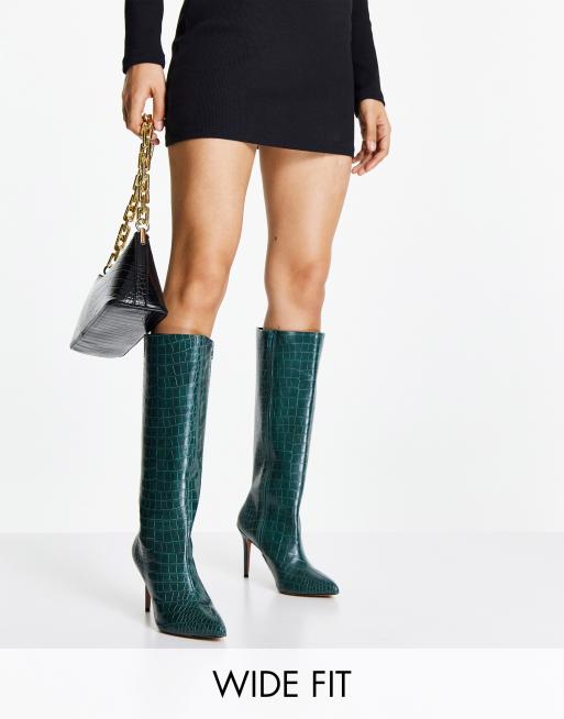 Botas por la rodilla verdes de efecto cocodrilo Claudia de ASOS DESIGN Wide Fit