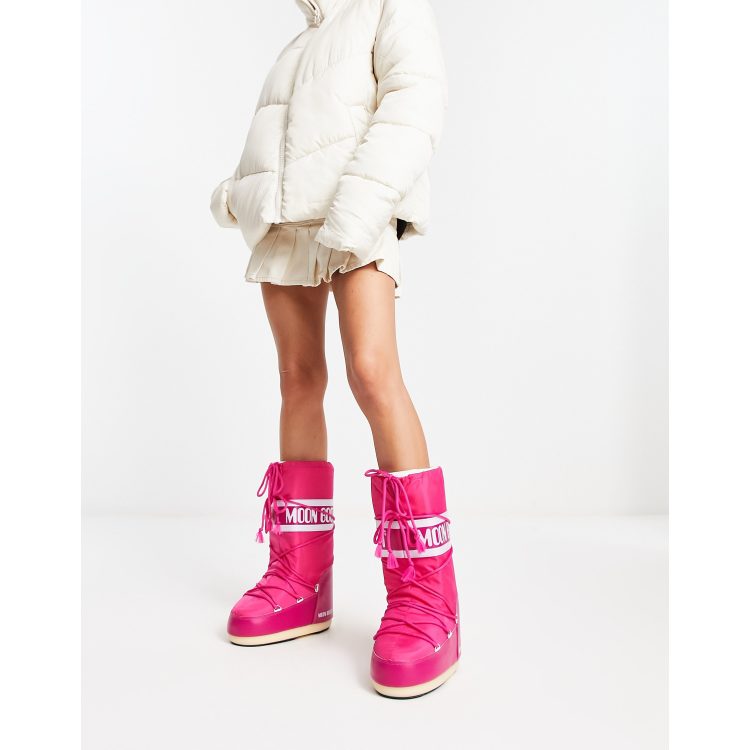 Botas rosa brillante impermeables por la rodilla de nailon Icon de Moon Boot