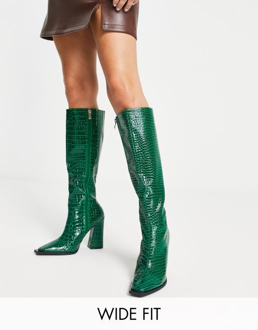 Botas verdes efecto cocodrilo por la rodilla con tacón Sphere de RAID Wide Fit