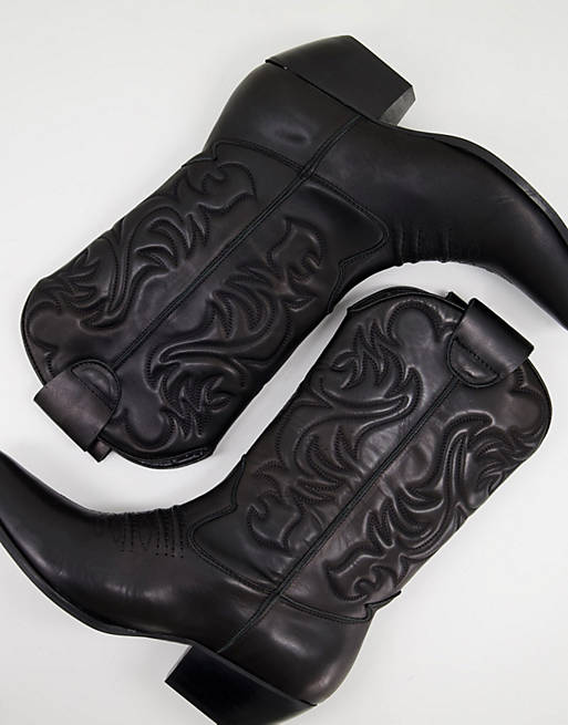 Botas western negras estilo cowboy de cuero con negra DESIGN | ASOS