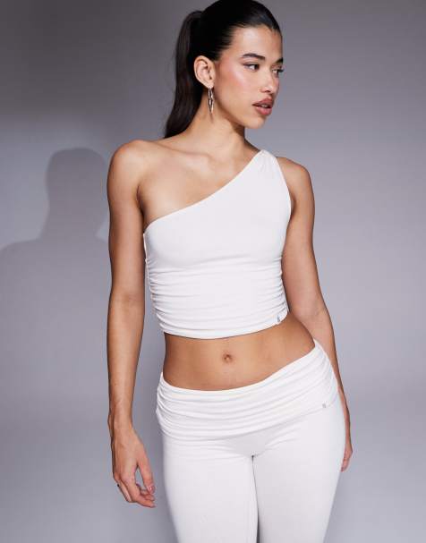 Bo+Tee Ballet Class one shoulder crop top co-ord in soft white - view 1