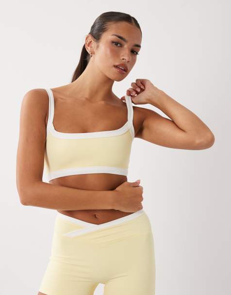 Bo+Tee contrast trim scoop back cami sports bra co-ord in butter yellow - view 1